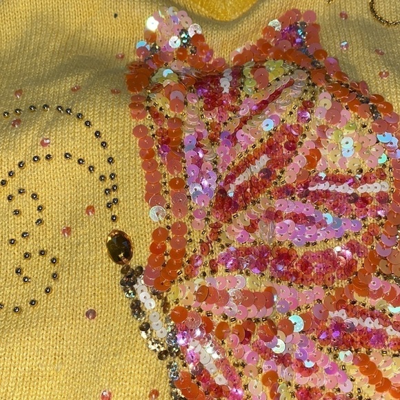THE QUACKER FACTORY Yellow Knit Butterfly Sequin Beaded V-neck Sweater Y2K Style - Picture 6 of 8